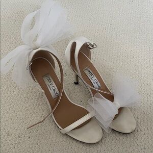 Jimmy Choo White Tulle Bow Ankle-Strap Stiletto Sandals
